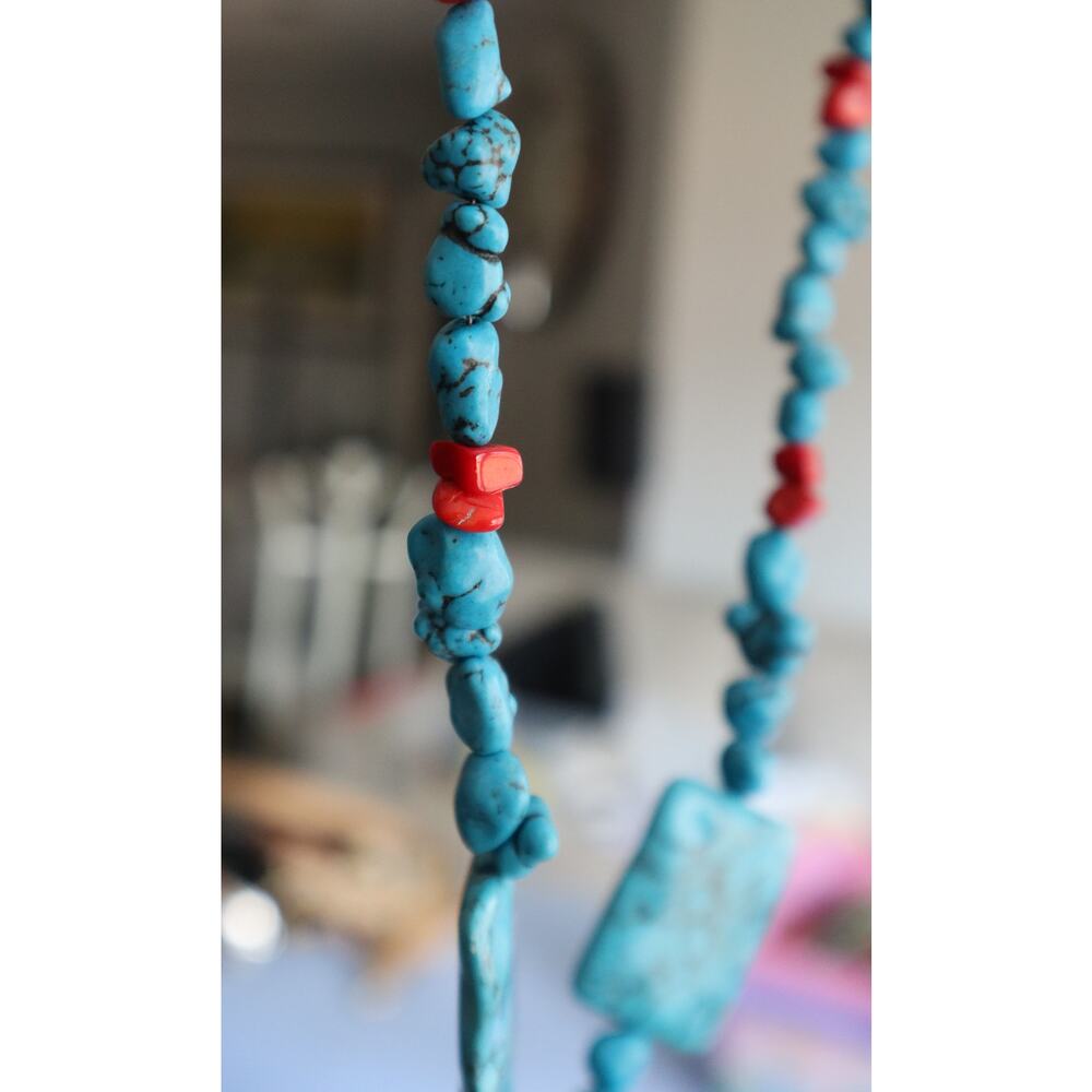 Vintage 90s Y2K Faux Turquoise Pebble Stone Pendant Teardrop Nugget Necklace - Picture 3 of 7